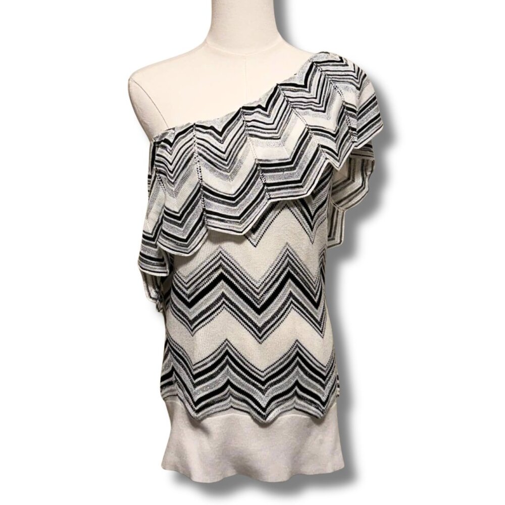 NWT White House Black Market One-Shoulder Chevron Ruffle Knit Top | Size L